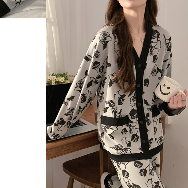 Cotton Sleepwear Long Sleeve Trouser Women Pajama Sets Print Luxury Brand Loungewear Two Piece Suit Cardigan Big Size Nightwear