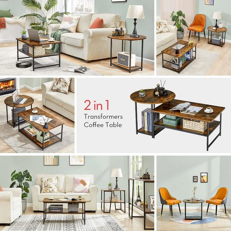 Coffee Table, Mid Century Modern Coffee Table for Living Room Rustic Farmhouse Center Table 2 in 1Detachable Table Set 6