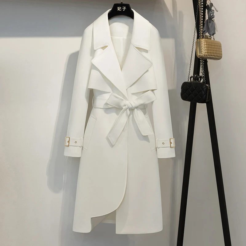 Trench Coat Women 2024 New Spring Autumn Fashion Simple High-End Temperament Chic Mid-Length Trench Long Sleeve Solid Color Coat - 4