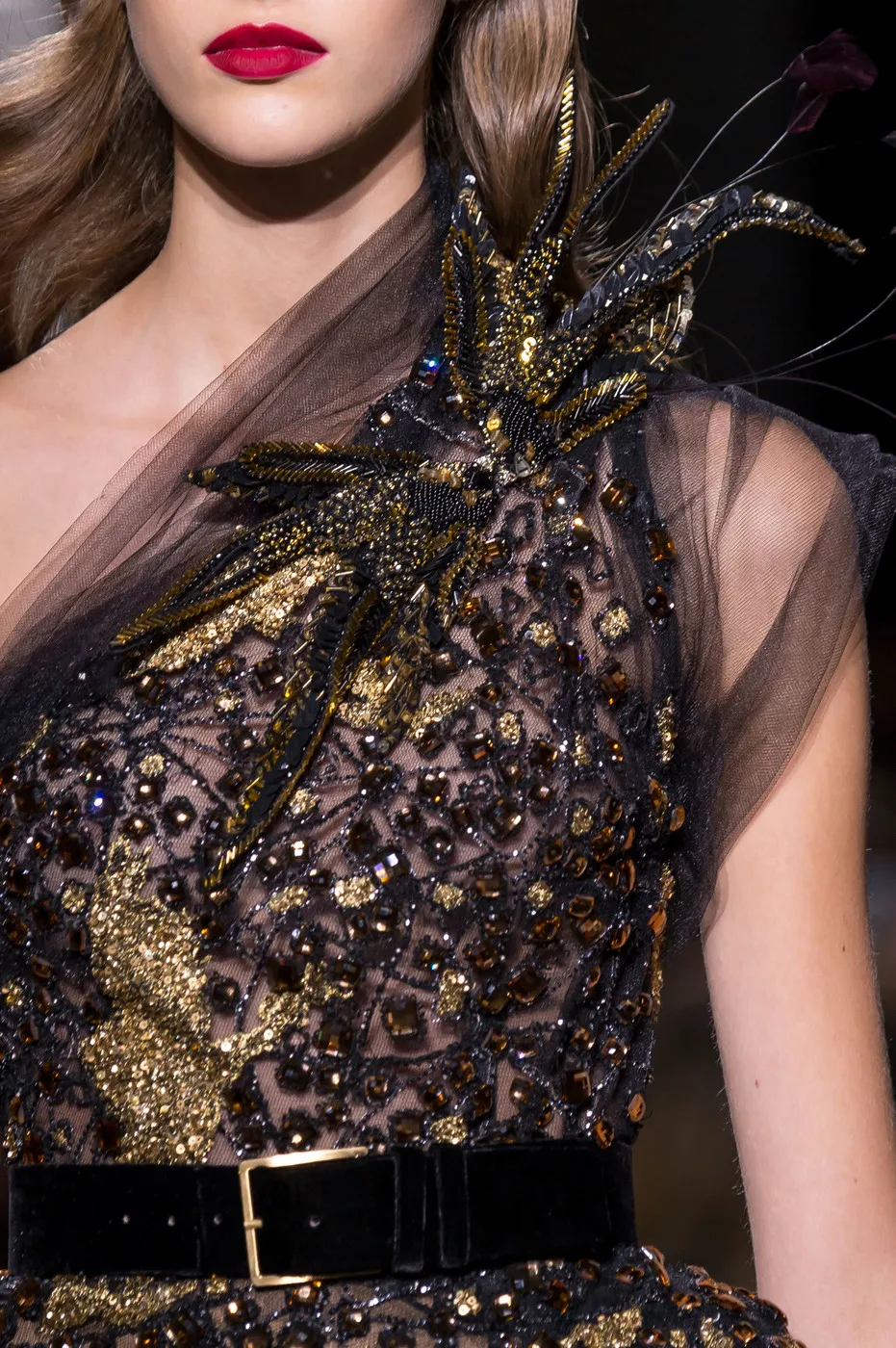 2075 Sexy Zuhair Murad Black One Long shoulder Gold Beaded   فساتين السهرة vestidos de fiesta  فساتين سهره evening dresses