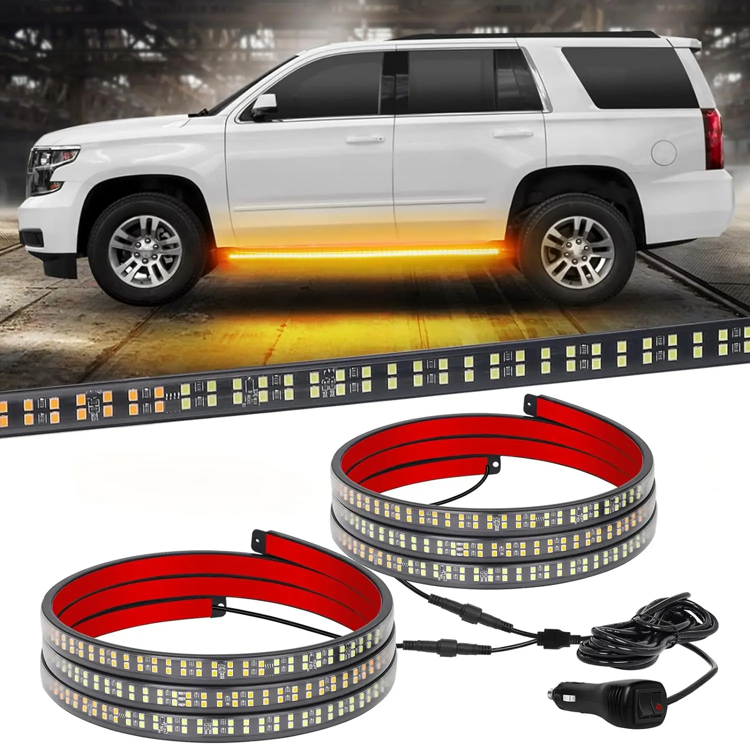 thumbnail image 1 of Nueva tira de luces estroboscópicas de emergencia para pedales de coche de 2 piezas, 60 pulgadas, 720 LED, luces de advertencia intermitentes de color blanco ámbar, 12 V, para SUV, 1 of 5