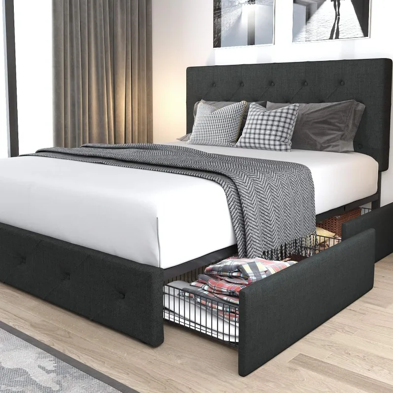 

Upholstered Queen Size Platform Bed Frame with 4 Storage Drawers ,Headboard,Diamond Stitched Button Tufted,Mattress Foundation
