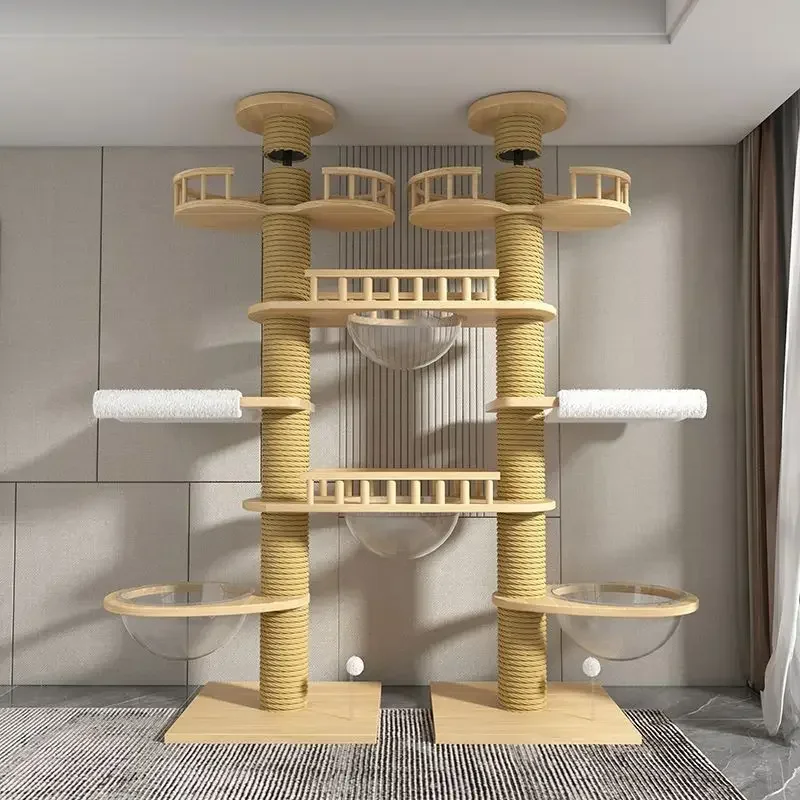 Double Pillar Cat Climbing Pillar Solid Wood Cat Cage Multifunctional Stand Multi-layer Jumping Platform pet supplies cat cage