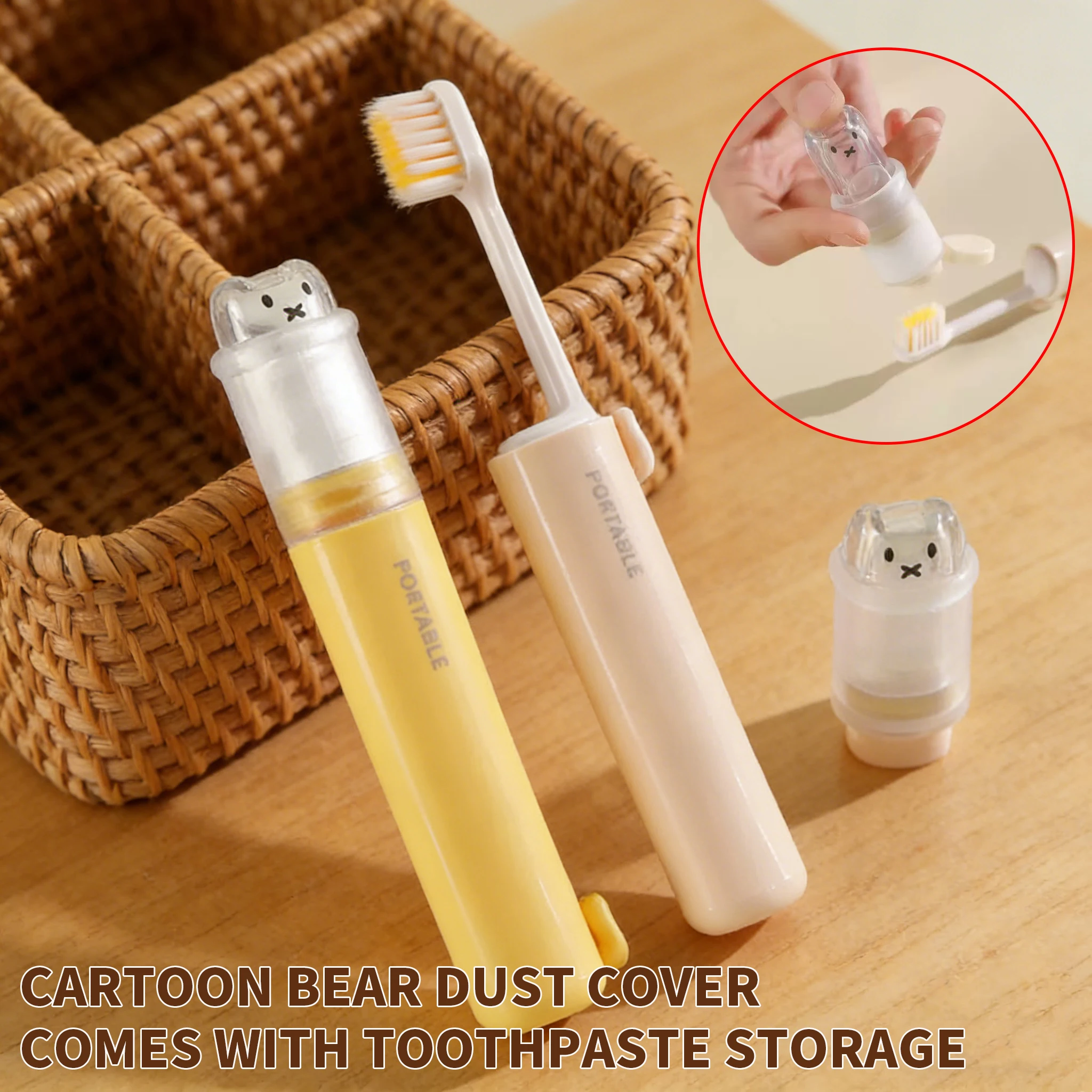 Foldable Travel Toothbrush with Paste Storage and Bear Dust Cover
