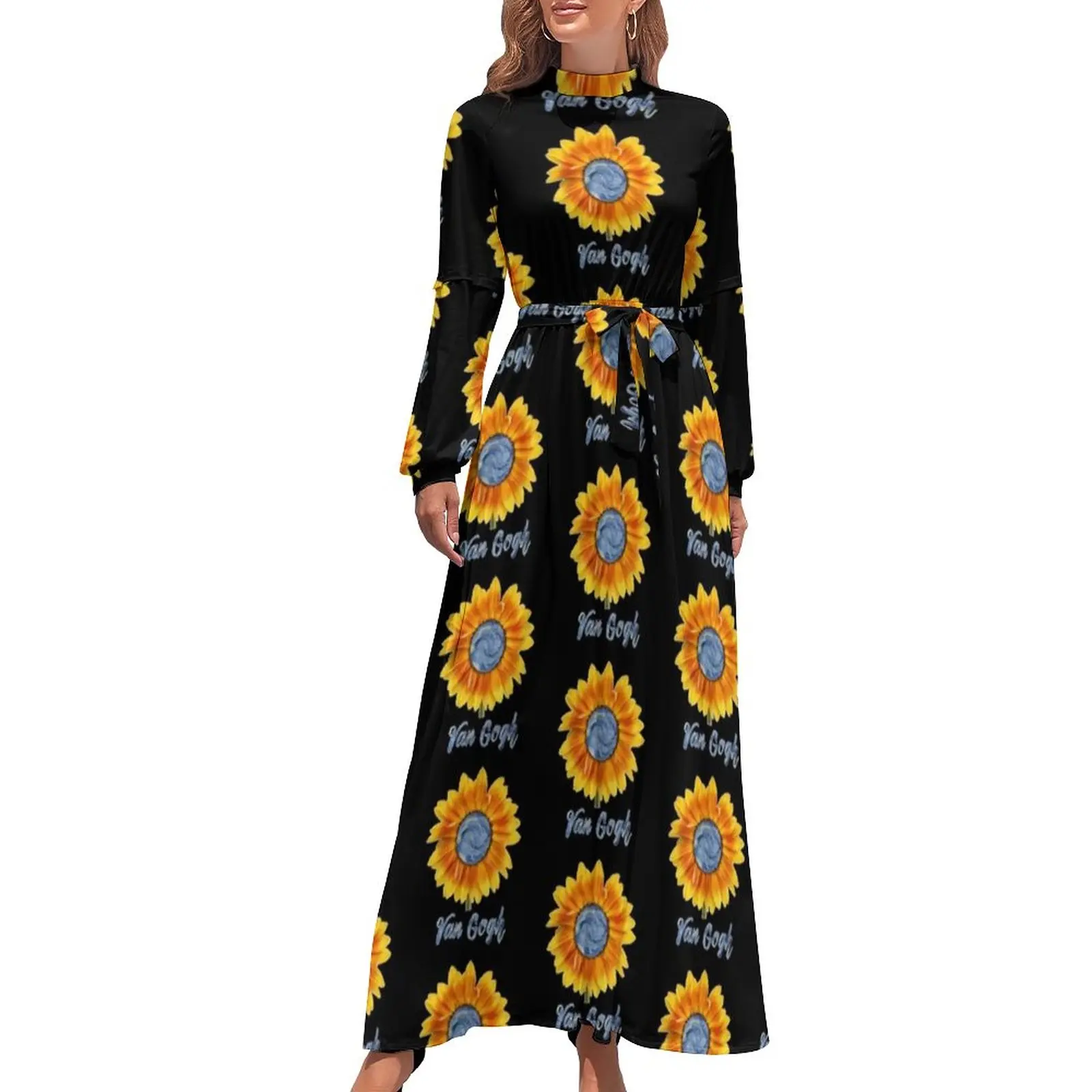 

Sunflower Art Dress Van Gogh Starry Night Sunflowers Trendy Maxi Dress Streetwear Boho Beach Long Dresses High Neck Vestidos