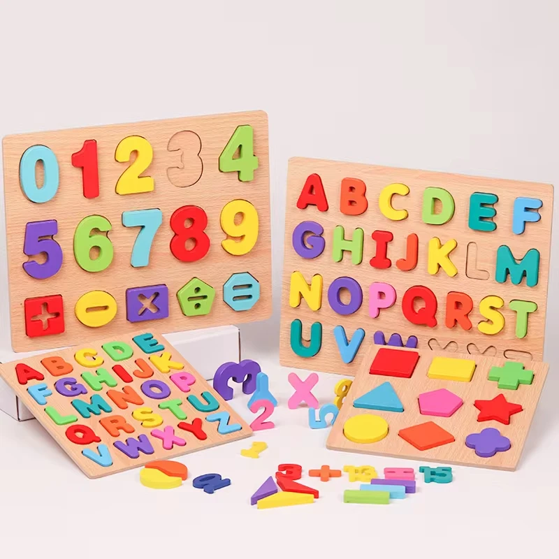 Toddlers Wooden Puzzle Montessori Baby Toys ABC Alphabet Number Shape Matching Board Game Preschool Educational Toy for Kids 2-4 4