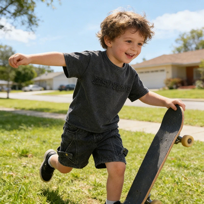 Toddler Boys 2Pcs Summer Outfits Letter Short Sleeve T-Shirt Washed Denim Shorts Set Kids Boys Casual Streetwear Clothes 2-6Year 3