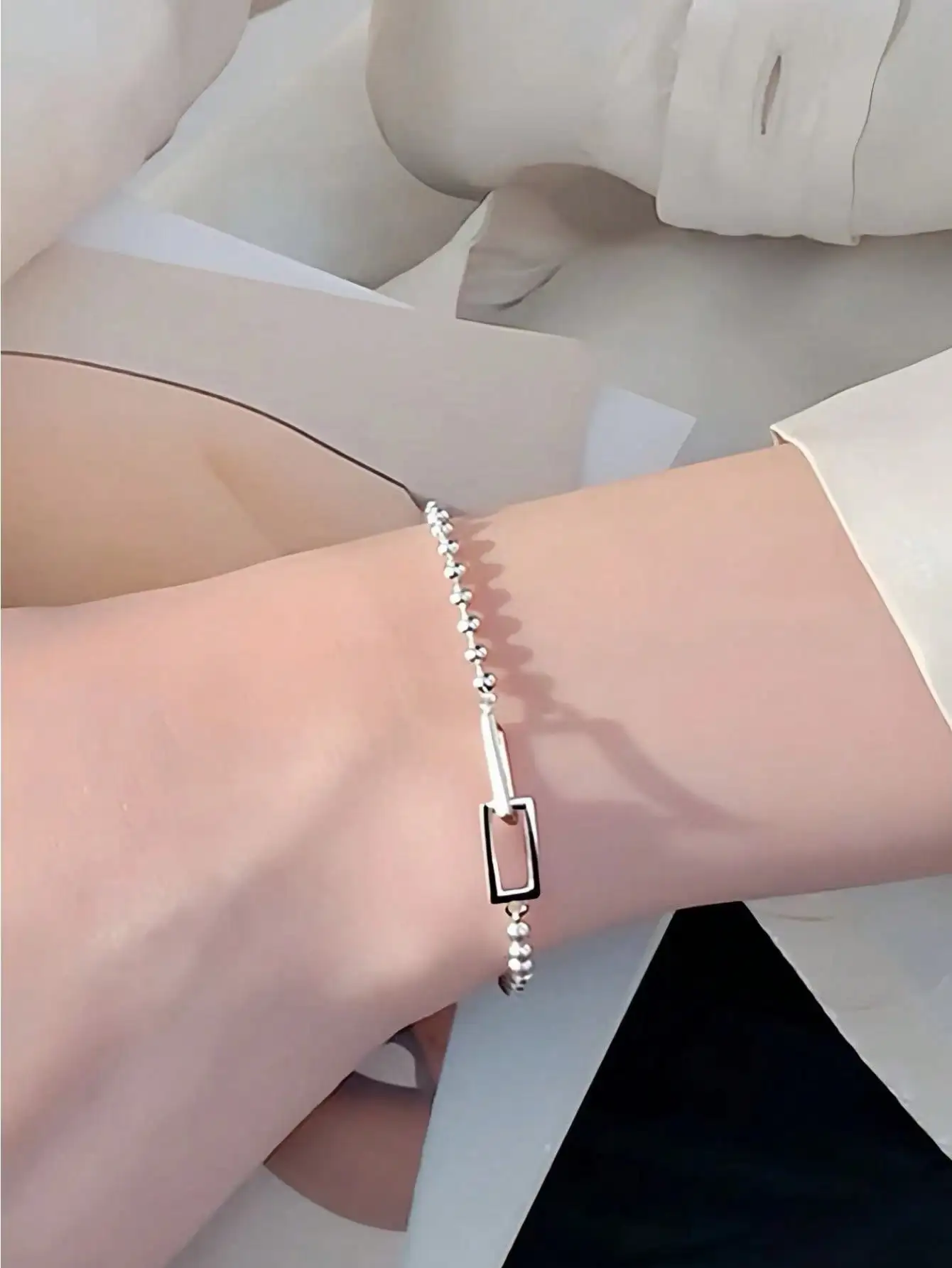 925 Sterling Silver Geometric Square Round Bead Bracelet For Women Personality Temperament Simple Hand Jewelry Party
