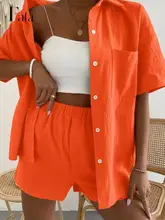  Long Sleeve Single-breasted Top + Broad-legged Shorts Set Fashion Ladies Sexy Solid Suits 2022 Summer 2 Piece Outfits For Women 