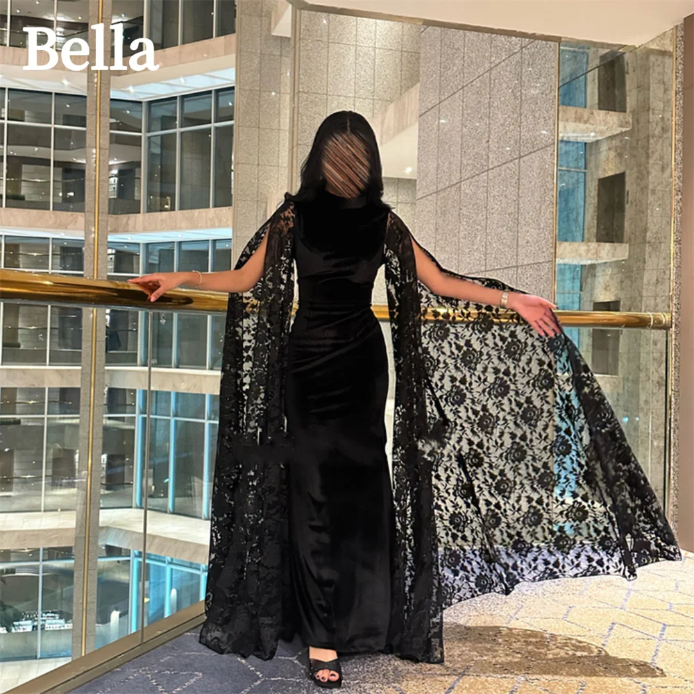 

Bella Black Velour فساتين السهرة Sheath Ankle-Length Prom Dresses Elegant Sleeveless O-Neck Detachable Shawl Evening Dress 2024