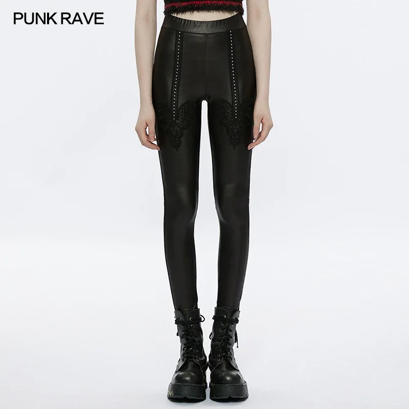 punk-rave-women's-gothic-daily-slim-good-elastic-leggings-heart-shaped-lace-decorative-fashion-pu-trousers-clothing