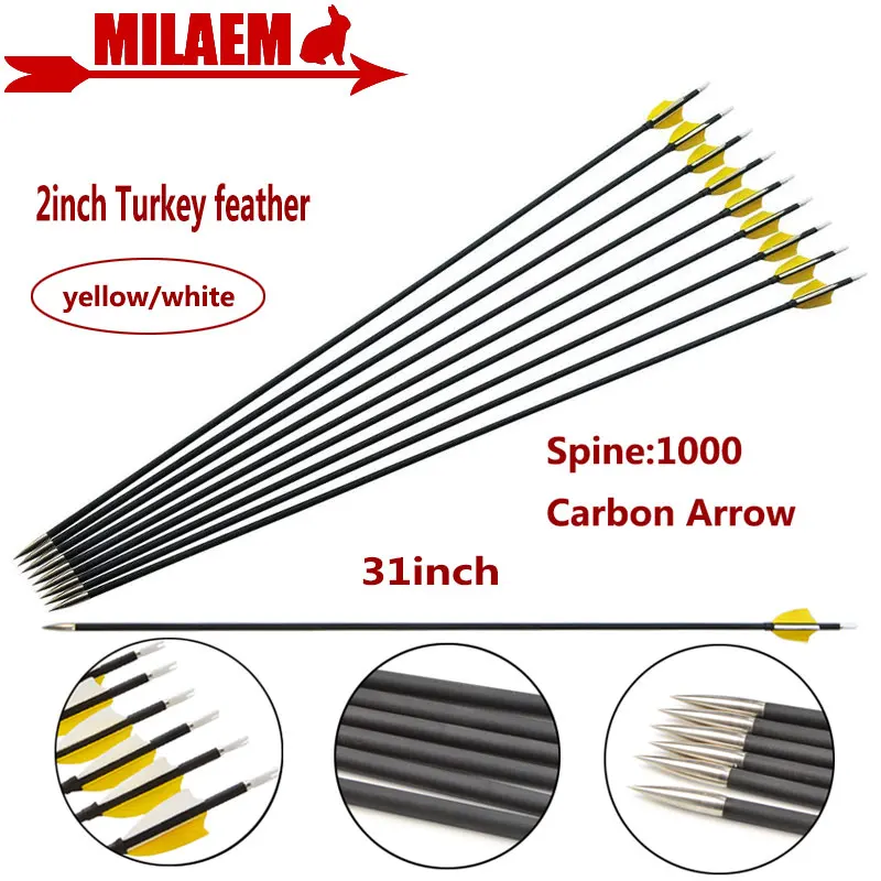 

6/12pcs 31inch Archery Carbon Arrow Spine1000 Composite Carbon Fiber Arrow ID4.2mm 2"Turkey Feather Hunting Shooting Accessories