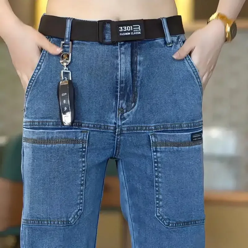 مرونة سميكة الصوف عارضة مستقيم الساق الجينز الرجال الخريف الشتاء العصرية فضفاضة تنوعا سميكة الدنيم السراويل