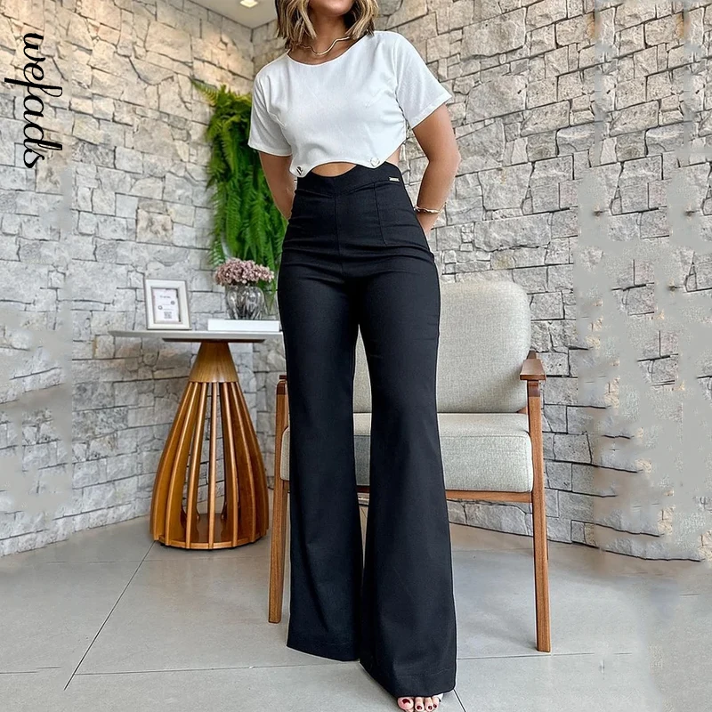 

Wefads Jumpsuit Women Summer Office Chic Solid Round Neck Short Sleeve Hollow Out Pullover Top Loose Wide Legs Pants Streetwear