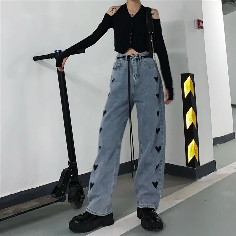 Women Korean Loose Straight Vintage Heart Shape Printing Jeans Wide Leg Pants Denim Pants 2021 Autumn Winter Fashion Trousers custom 2021 desk calendar custom table calendar printing