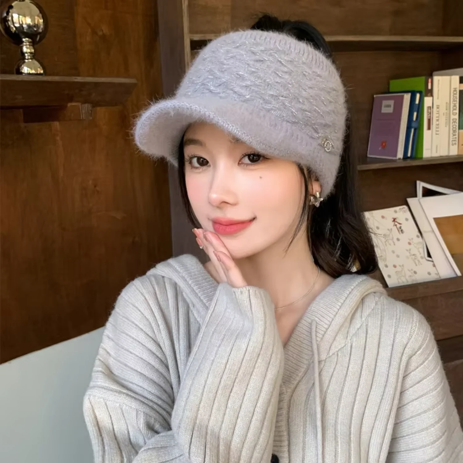 여성용 중공 모자, 따뜻한 오리 혀 모자, 방한 니트 두꺼운 양모 가을 및 겨울