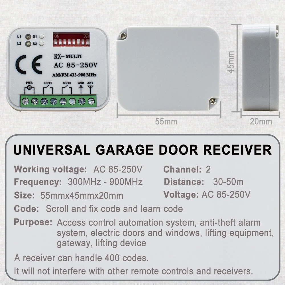 SOMMER 434.42MHz 868.35MHz 2 Channel Garage Gate Receiver Momentary Relay Module Controller 2CH 9-250V RX MULTI 300-900MHz 6
