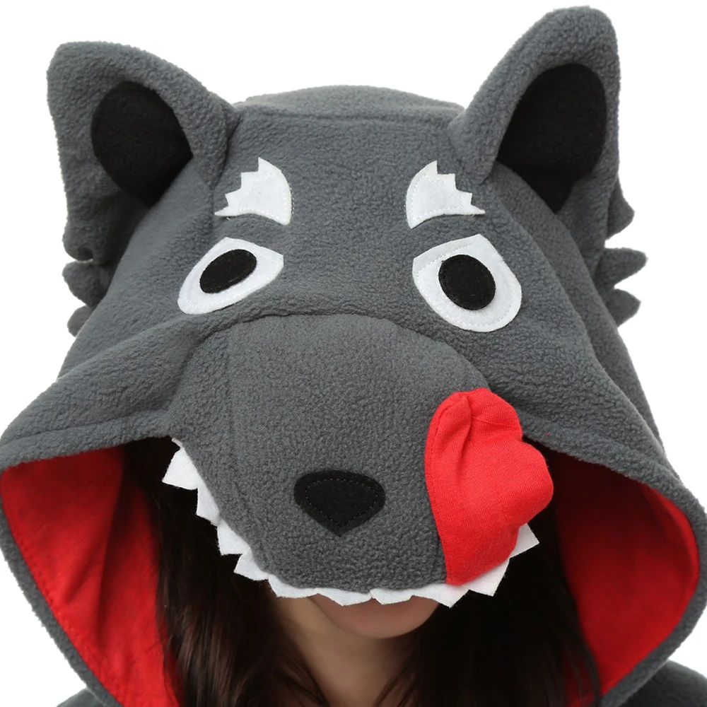 New Grey Wolf Costume Adult Animal Kigurumi Wolf Onesies Hooded Pajamas Halloween Cosplay Costume Jumpsuit Winter Warm Sleepwear