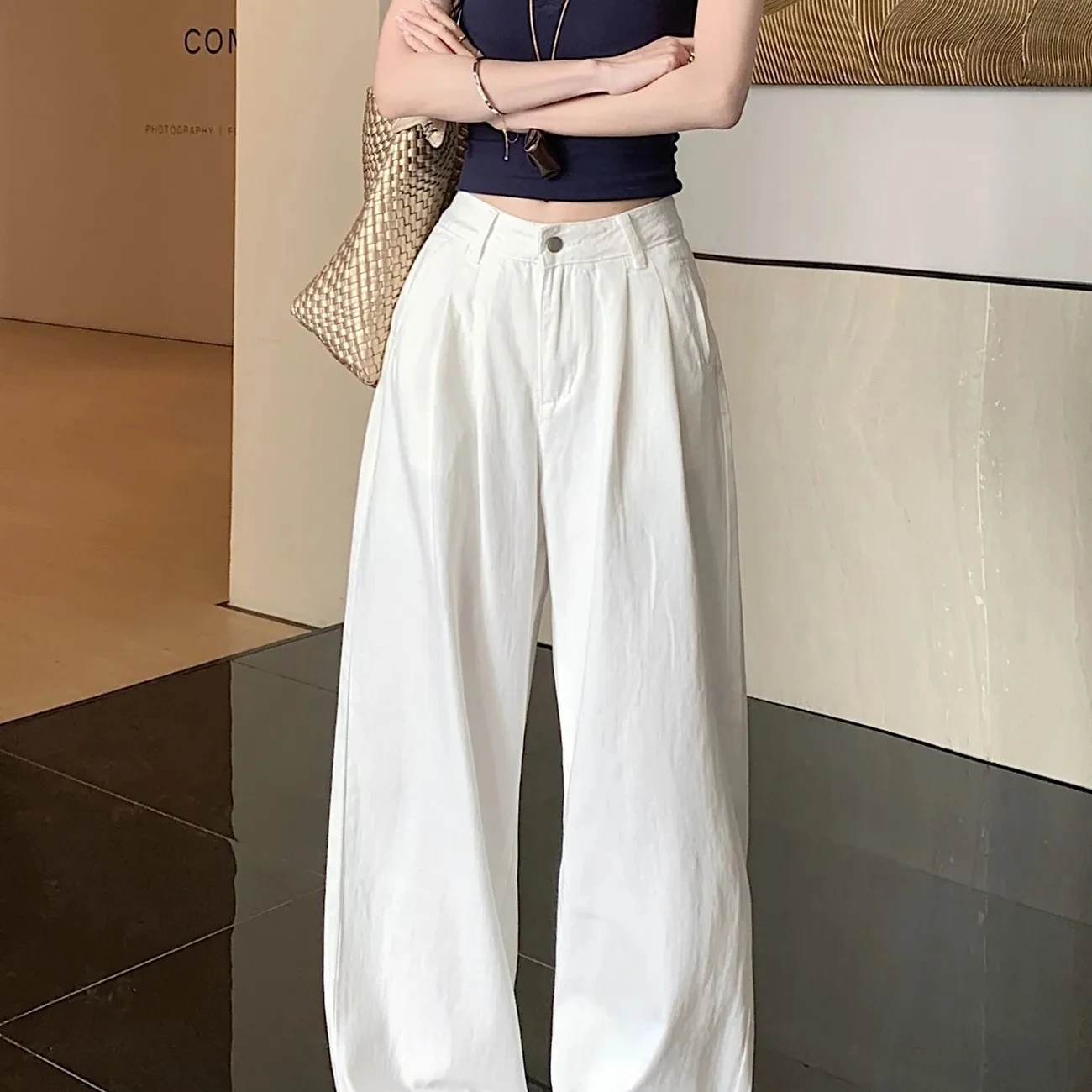 Y2K Korean Style Women's White High Waisted Wide Leg Jeans 2026 Spring Summer New Pleated Design Draped Casual Pants Streetwear 4