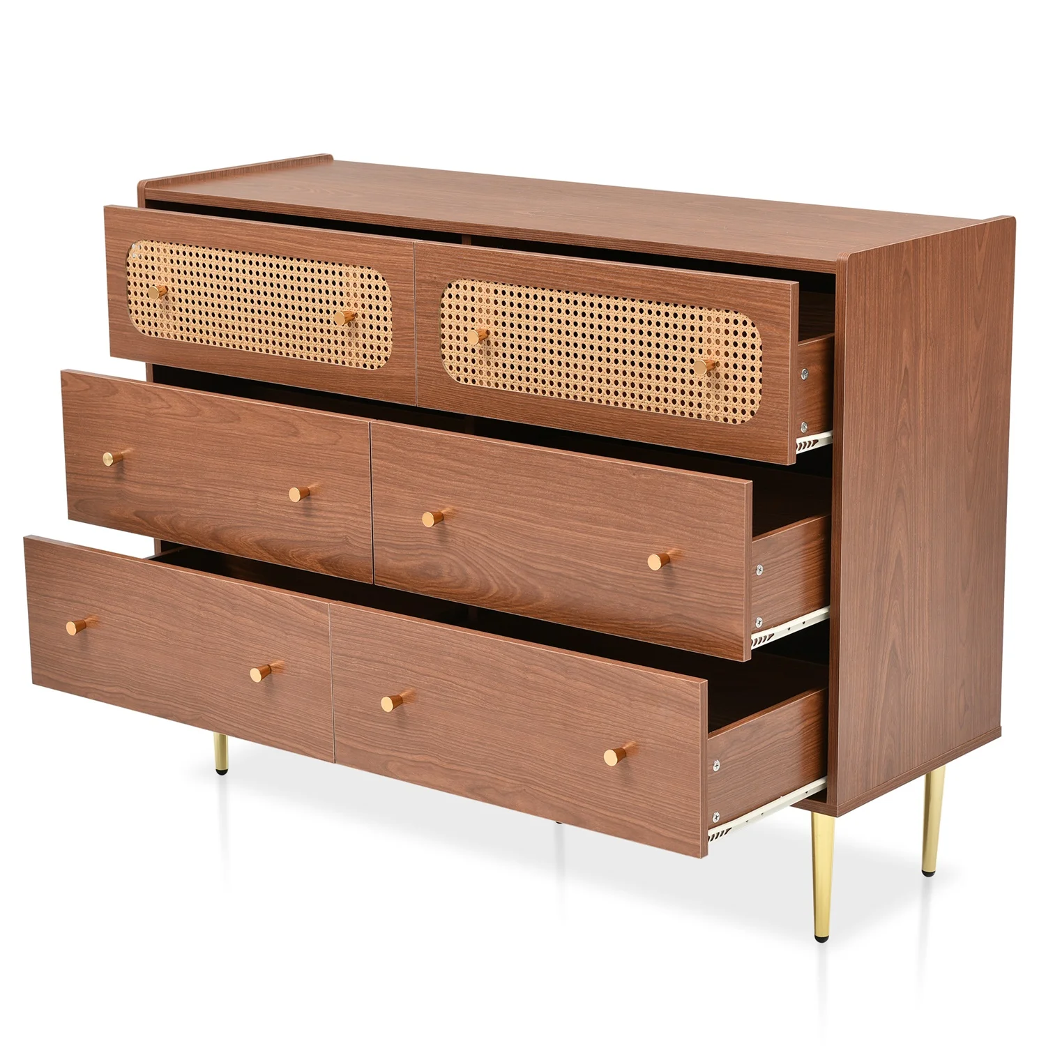 Rattan Sideboard Highboard Walnut Tree H90/B120/T40 cm Chest of Drawers with 6 Drawers Wooden Furniture for Bedroom Living Room