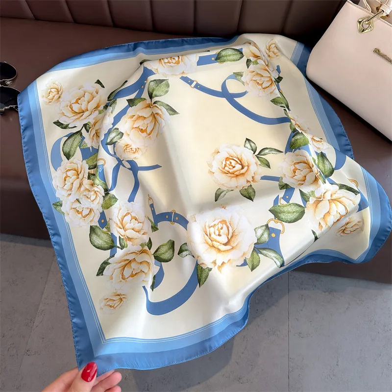 Women Printing Elegance 70X70cm Silk Scarf Spring Summer New Lady Hijab Hairband Soft Headband Ribbon Kerchief Mom Foulard Gift 4