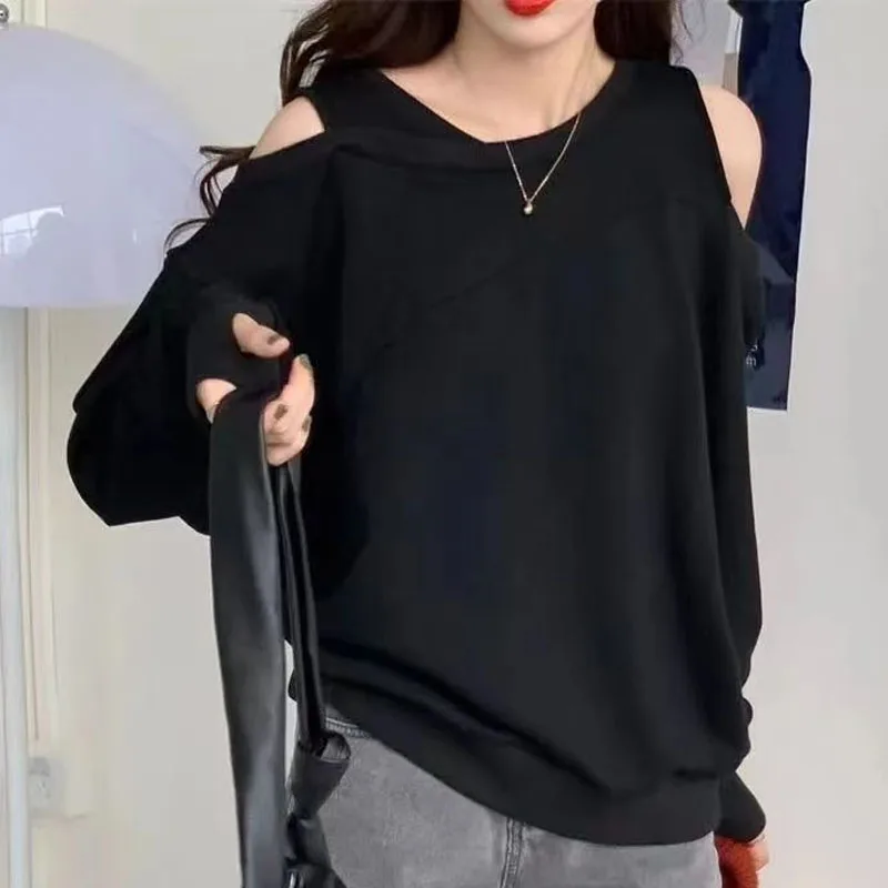 

New Spring and Autumn Fashion Trend Off Shoulder Hanging Neck Solid Color Versatile Loose Size Casual Style Women's Sweater