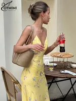 Oymimi Casual Yellow Print Women's Dress Elegant Spaghetti Strap Open Back Dresses Autumn Fashion High Waist Ankle-Length Dress - Image 4