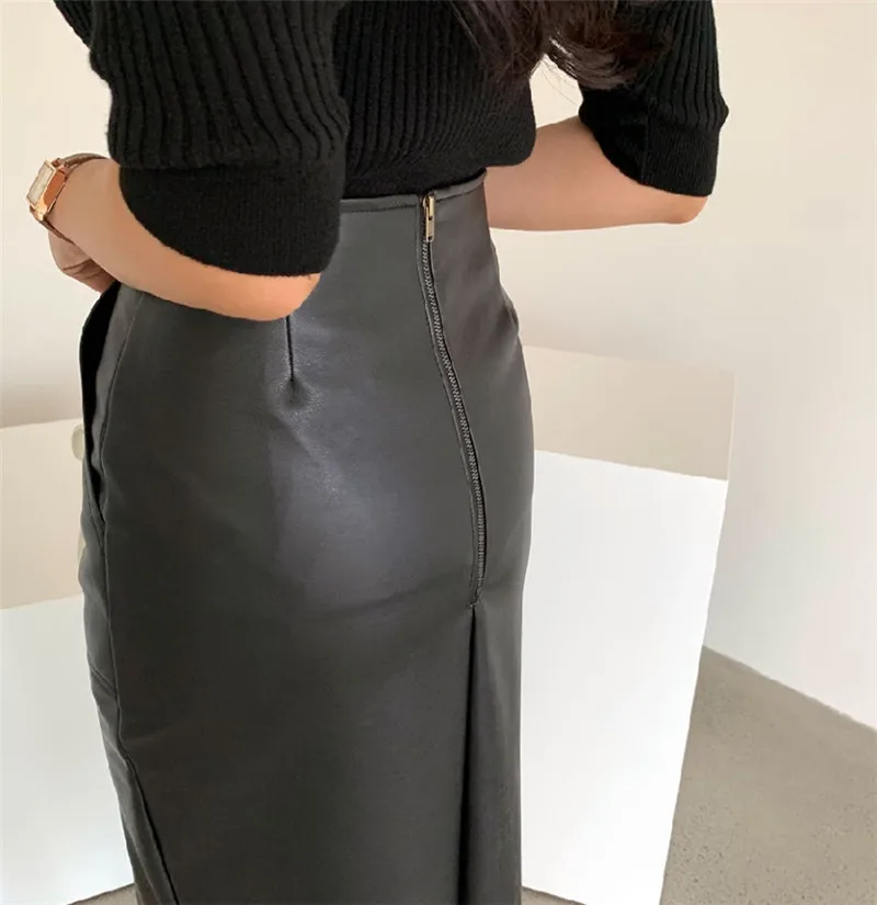 Women Sexy Package Hip Front Split PU Leather Skirts High Waist Skirt Female Pockets New 2023 Spring Zipper Midi Pencil Skirts