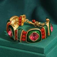 Vintage Green Enamel & Pink Crystal Charm Bracelet for Women