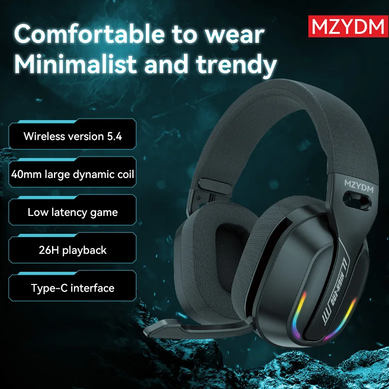 Mzydm sobre a orelha fone de ouvido bluetooth5.4 sem fio estéreo jogos b500 fones microfone embutido rgb luz baixa latência para pc foto 2