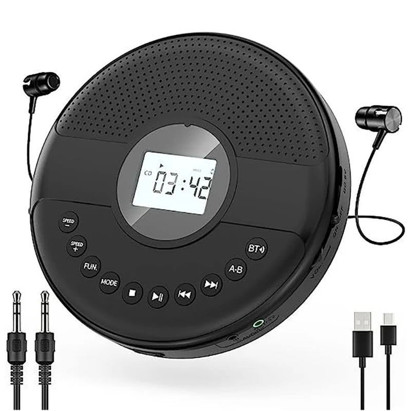 

LCD Display Player Double Speaker Portable Walkman Player with AUX Cable Bluetooth-compatible Discman Player