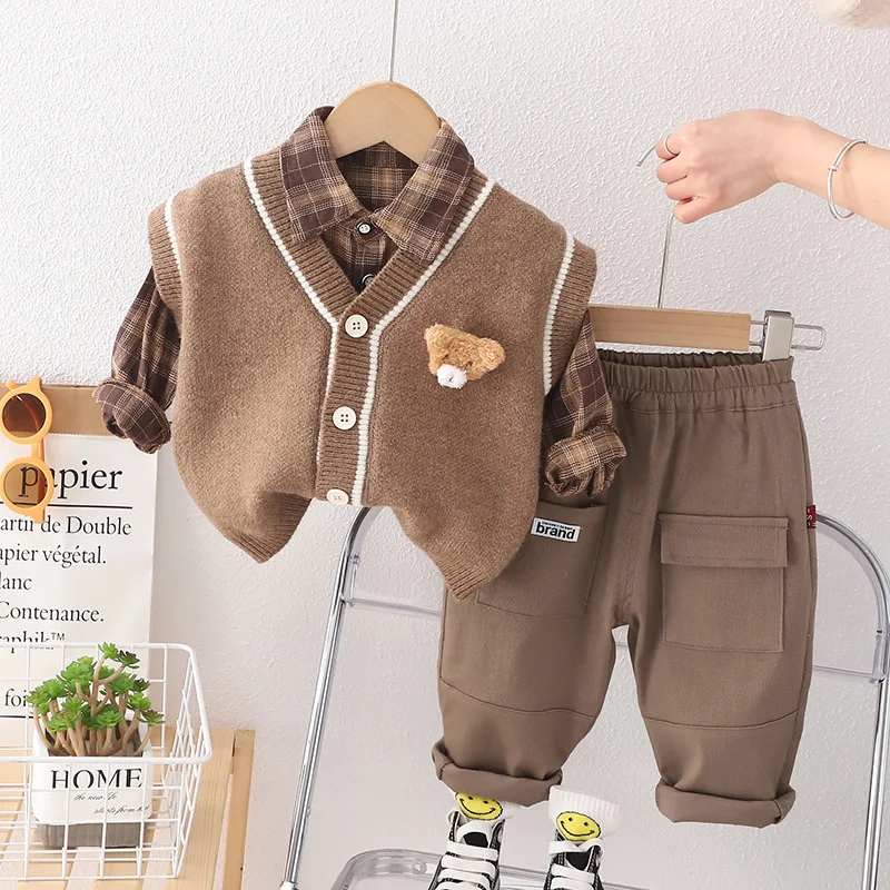 

Spring 2024 New Children Knitted Sweater Vest Cardigan 3pcs Set Boys Girls Baby Cartoon Shirt Suits Kids Long Sleeve Clothing