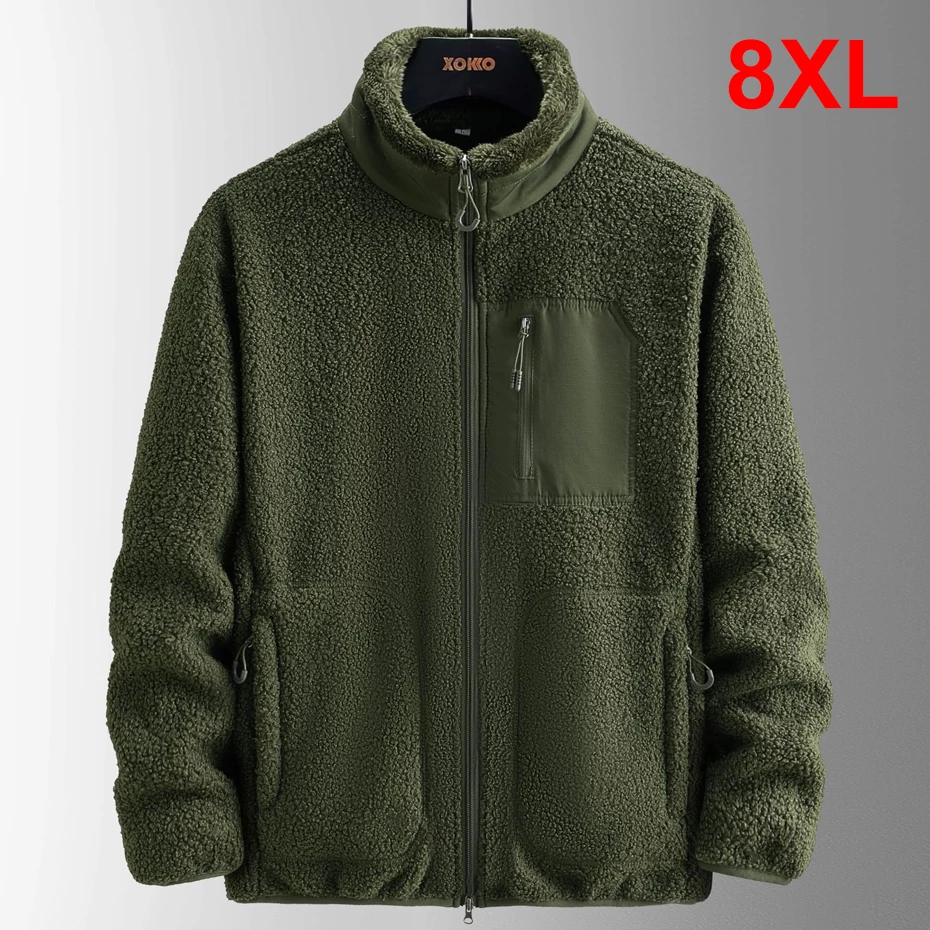Fleece Jackets Men Winter Thick Fleece Coat Plus Size 8XL Fashion Casual Stand Collar Jacket Solid Color Outerwear Male