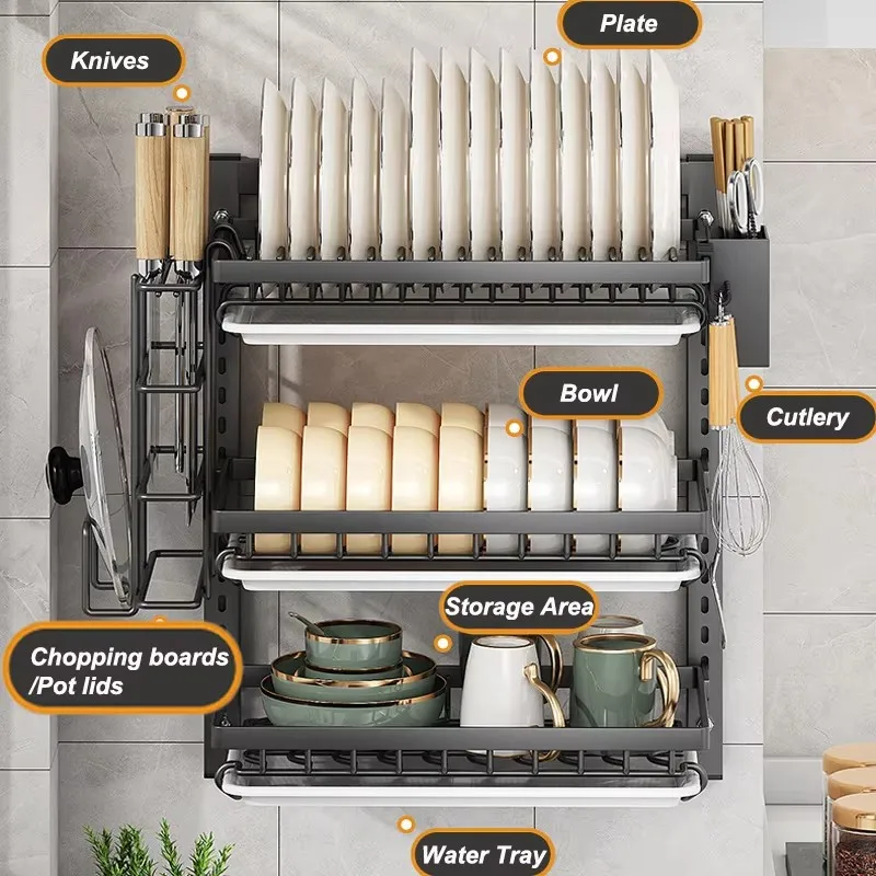 Wall-Mounted Kitchen Dish Rack Multifunctional Kitchen Organizer with Drainboard Cutlery Storage Holder Dinnerware Drainer 2