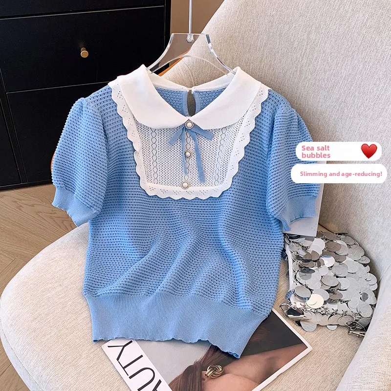 Sweet Knitted ort Sve T-irt for Women with Doll Collar Bow Knot Top Youthful Sle Casual Summer Faion Chinese Brand