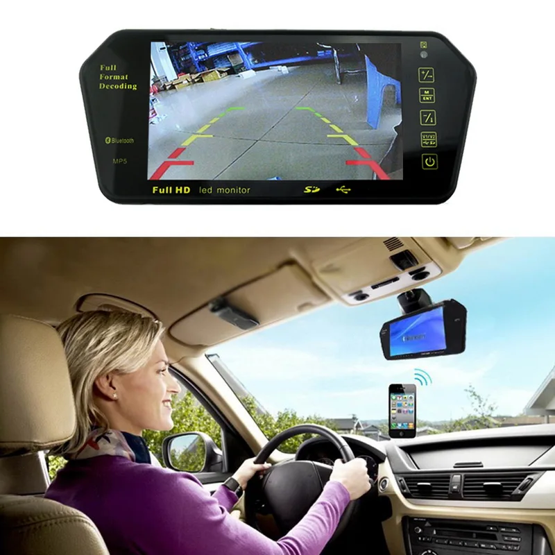 

Car TFT LCD Monitor Bluetooth Full HD 7" Universal Rear View Mirror Display USB TF Slot For Backup Camera or GPS navigator