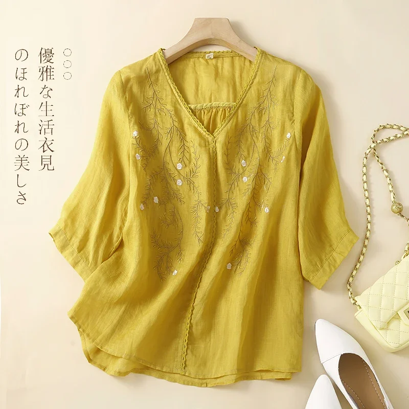 Embroidery Chinese Style Blouses Summer Vintage Women's Shirts Short Sleeve Cotton Linen Clothing Loose Women Top 2024 Korean