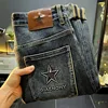 Slim-fitting small straight blue gray jeans for men 2024 spring and autumn fashion embroidered printed retro casual long pants 1