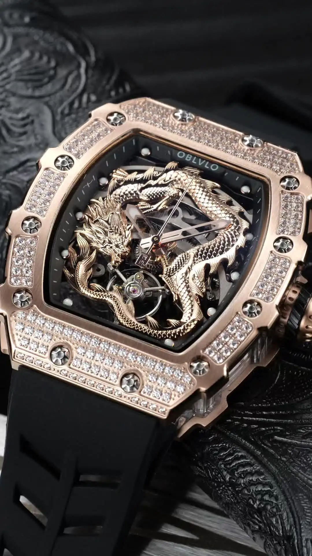 OBLVLO Orologio Meccanico Automatico Uomo XM-FIG-D, Forma Tonneau Con Diamanti, Cinturino In Silicone, 5 ATM