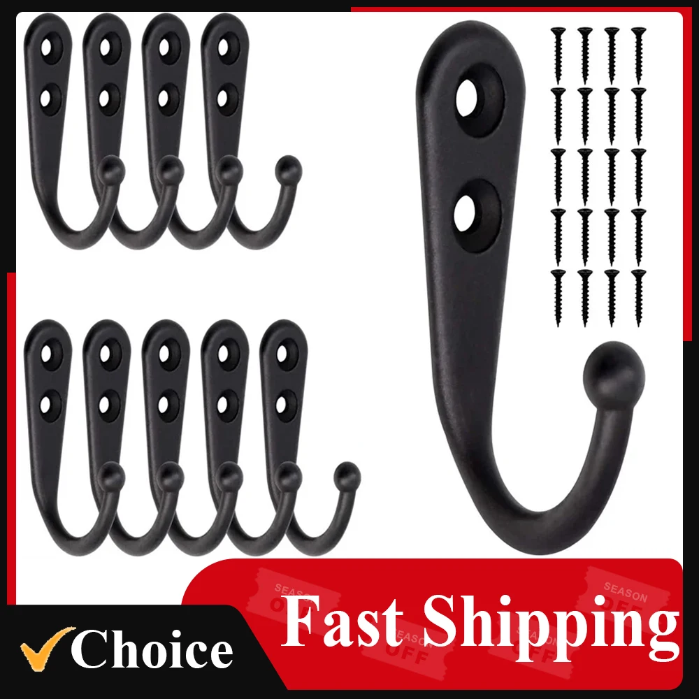 10Pcs Black Wall Mounted Small Hooks with Screws for Hanging Coat Bag Robe Towels Keys Kitchen Bathroom Rack Accessories