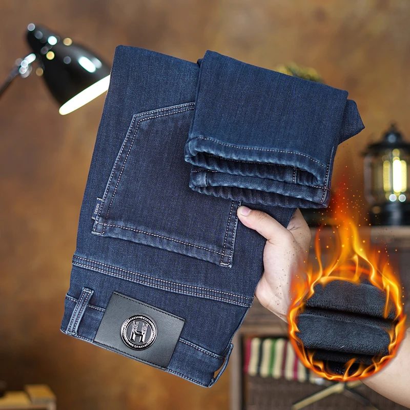 Winter Men'S Jeans Men'S Fleece Thickened Casual All-In-One Small Straight Leg Stretch Slim Casual Denim Pants