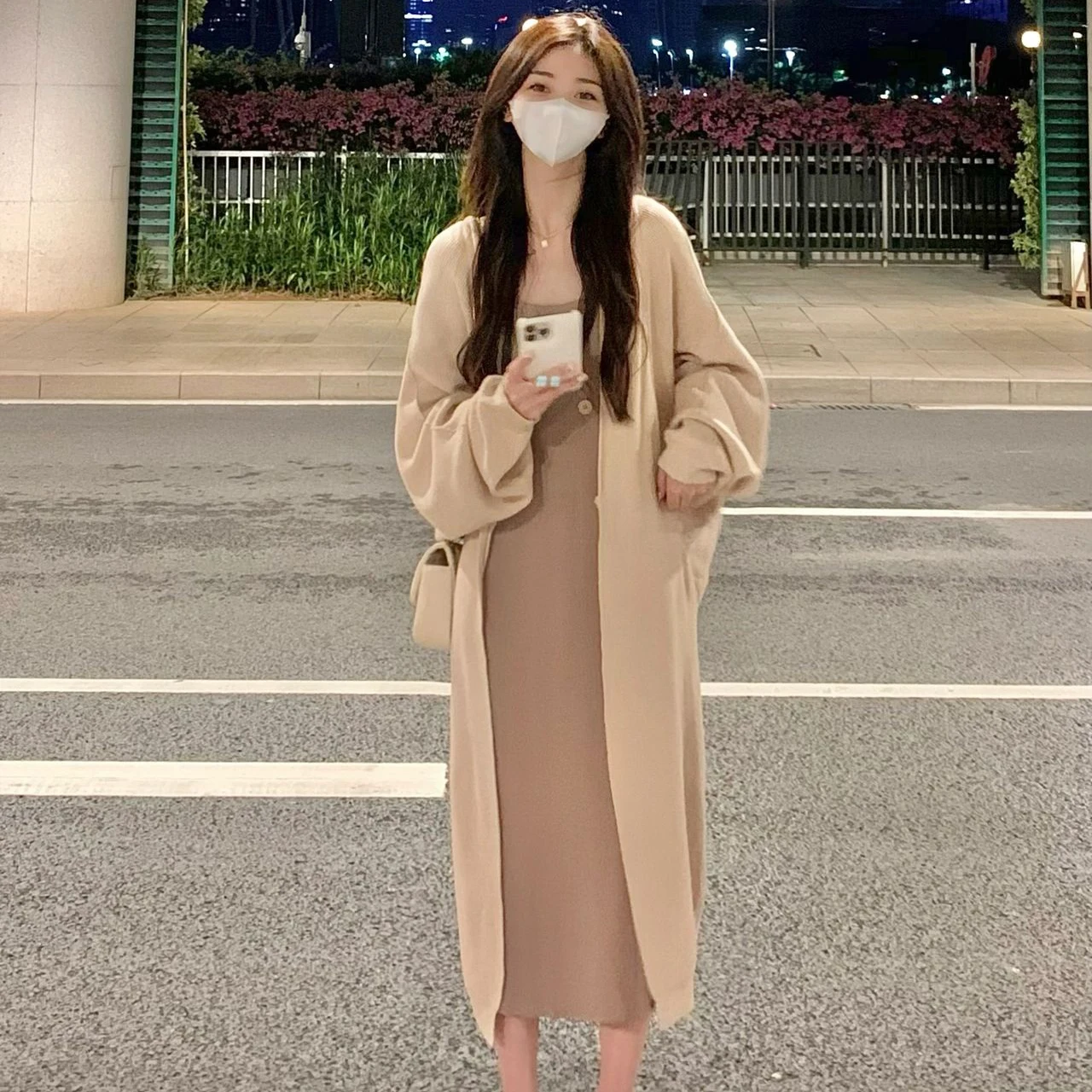 임산부 가을 세트 서양식 유행 가을 느슨한 게으른 니트 카디건 슬링 드레스 투피스 세트