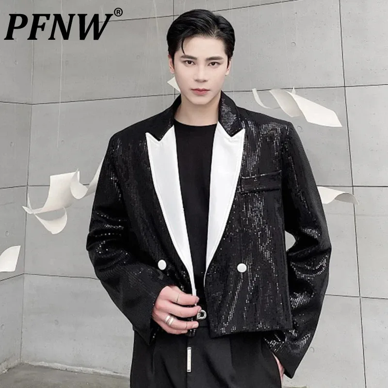 

PFNW Autumn Men's Short Blazer Fashion Embroidered Sequins Lapel Male Blazers Lapel Patchwork Suit Jacekt 2024 New Menwear 9C873