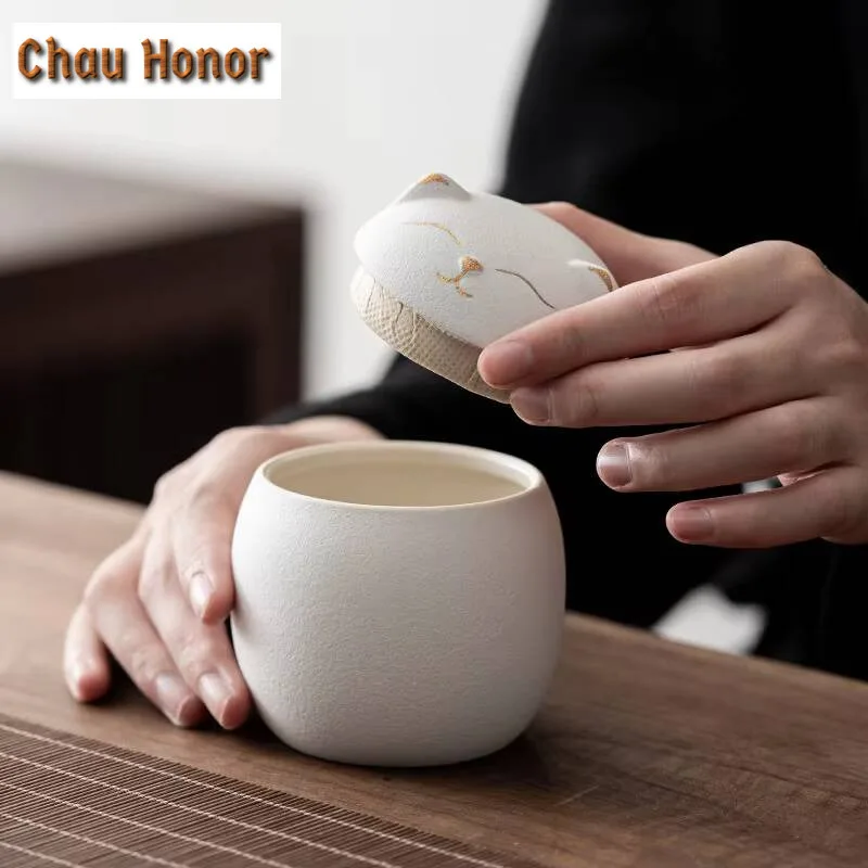 Cute Kitten Tea Canister Coarse Ceramic Moisture Proof Sealed Storage Can Ceramic Creative Personality Tea Warehouse Accessories