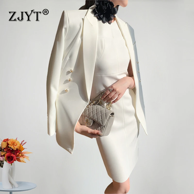 

ZJYT Formal Blazer Suit Dress Sets 2 Piece Women Conjuntos Para Mujeres Office Lady White Outfit Dinner Party Elegant Set