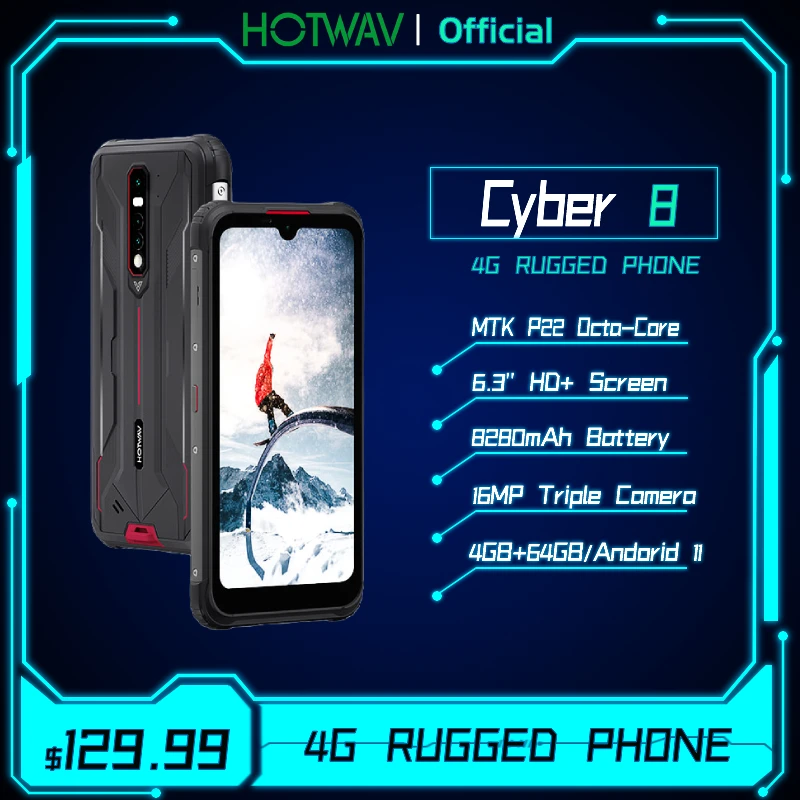 HOTWAV CYBER 8 Global Version Mobile Phone 4GB 64GB Waterproof 8280mAh 16MP Camera 6.3 Inch NFC Android 11 Rugged Smart Phone waterproof unlocked cell phones