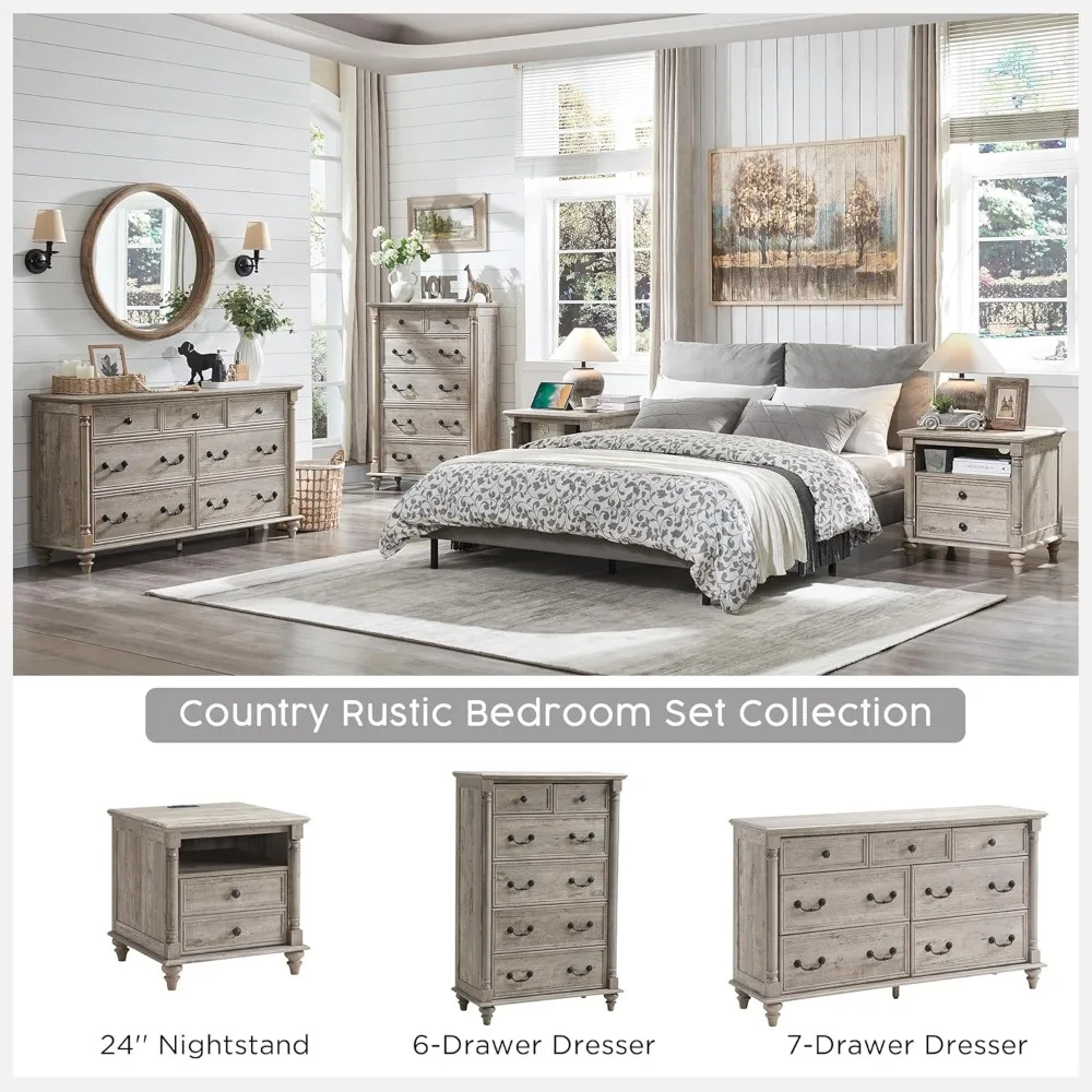 24'' Farmhouse End Table w/4 Solid Wood Feet, Large 2 Drawers Wide Sofa Side Table with Charging Station, Tall Rustic Wood Squa 6