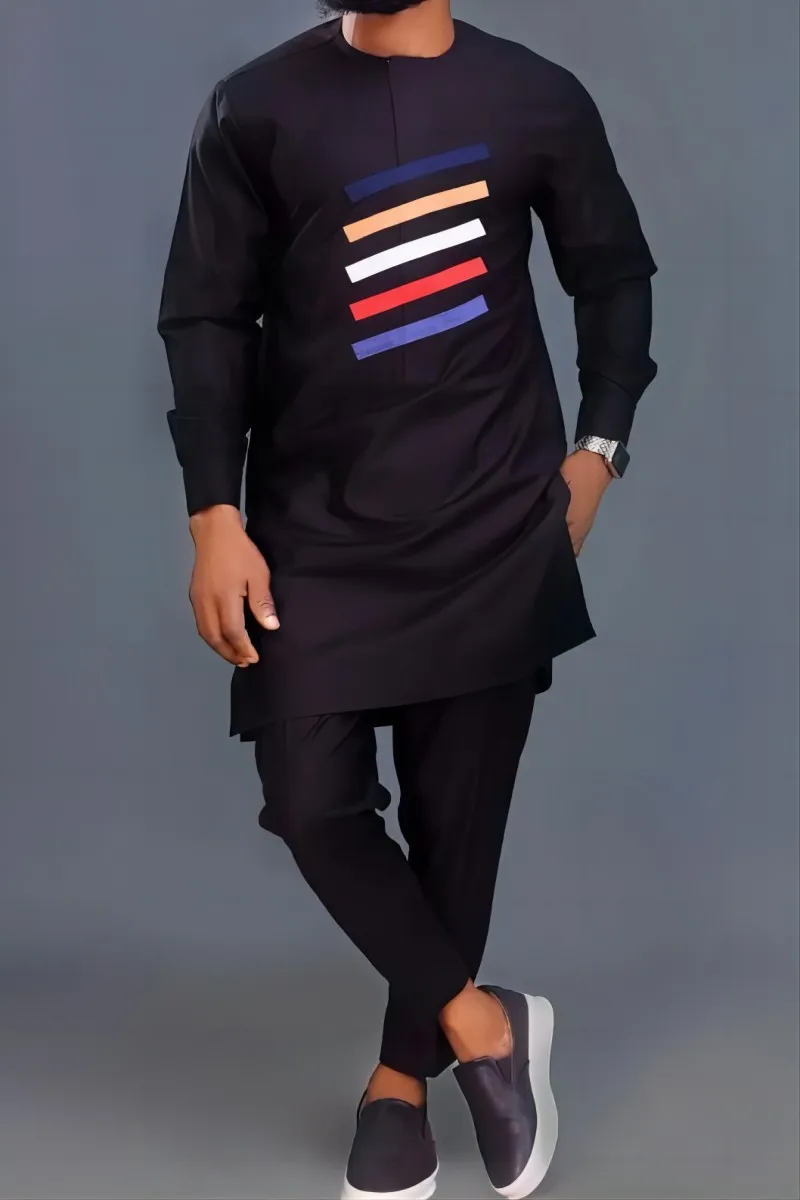 2023 Spring New Ethnic Style Long-Sleeved Crew Neck Shirt Pants Two-Piece Casual Shopping Party Event Dashiki Youth Men's Suit
