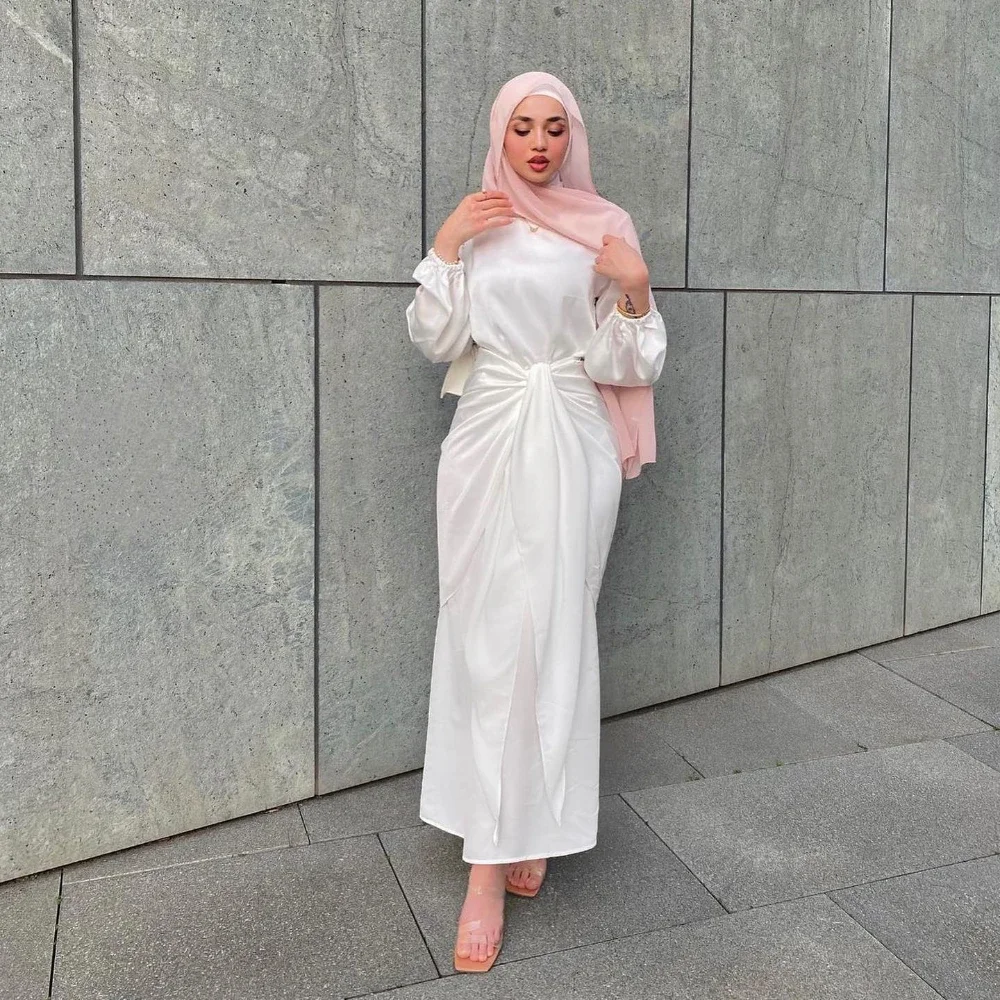 2 Piece Silky Satin Abaya Dress with Wrap Front Skirt Arabic Long Modest Dresses for Muslim Women Dubai Ramadan Islamic Clothing