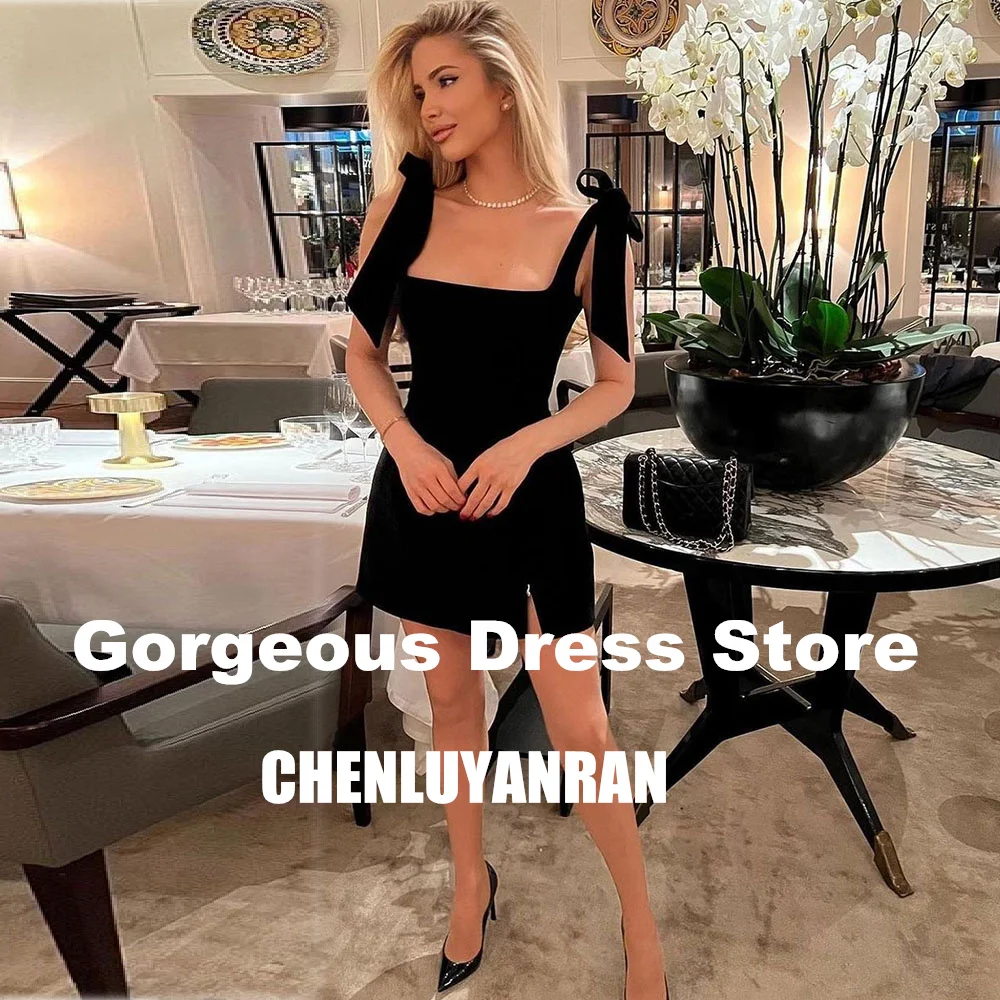 Sexy Cocktail Dresses Square Collar Bow Strap Mini Party Dress Women Velour Prom Gown